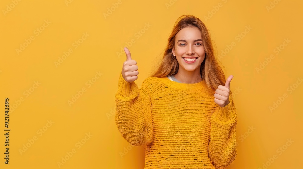 Smiling Woman Giving Thumbs Up, on a solid color background. Smiling Woman Giving Thumbs Up, on a solid color background.