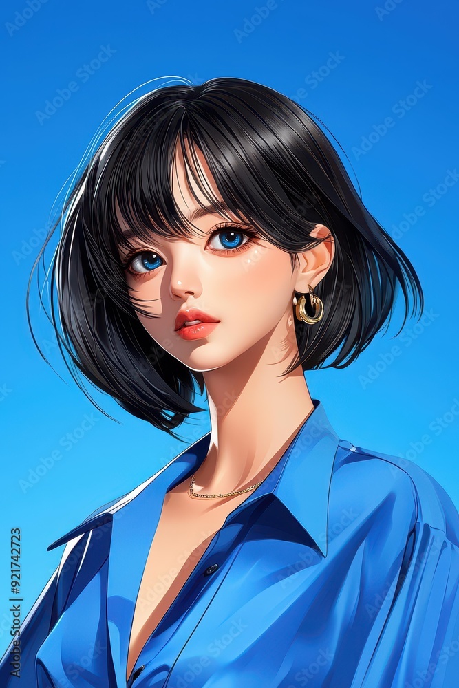 Captivating halfbody photo of an idol with big eyes and a bright smile, dressed in a chic blue shirt against a violet backdrop. Captivating halfbody photo of an idol with big eyes and a bright smile, dressed in a chic blue shirt against a violet backdrop.