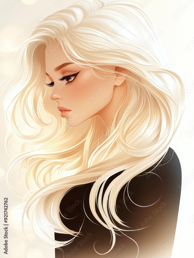Fullbody illustration of a woman with long, wavy blond hair and brown eyes, featuring bold outlines and luminous fog. Fullbody illustration of a woman with long, wavy blond hair and brown eyes, featuring bold outlines and luminous fog.