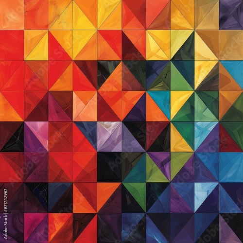 Abstract geometric pattern of colorful triangles, creating a vibrant and dynamic composition.