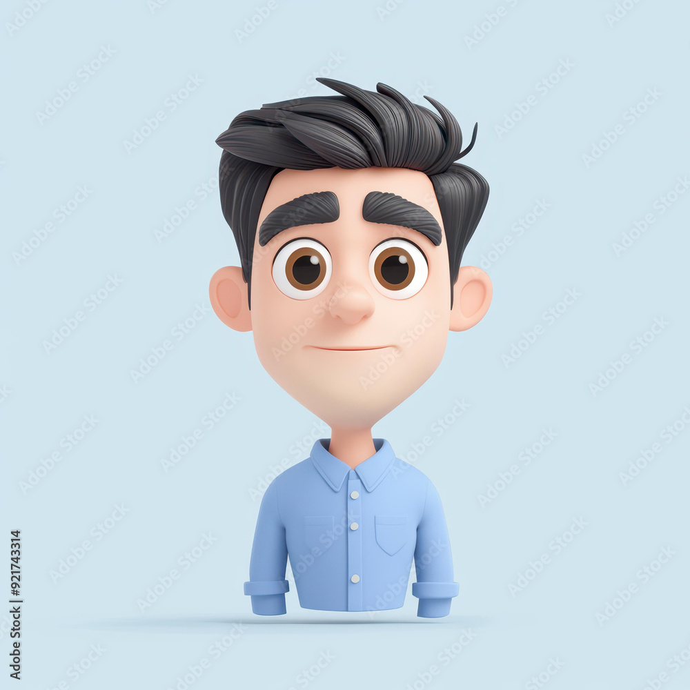 Create a 3D avatar of a man in a blue shirt, matching the realistic style of popular emoji designs.