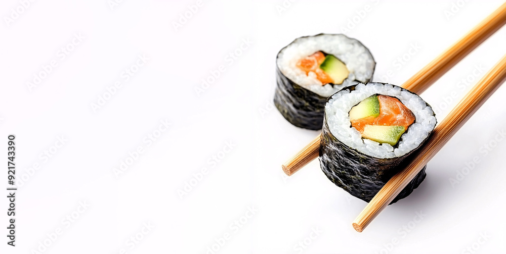 sushi roll with chopsticks isolated on a white background banner, copy space for text sushi roll with chopsticks isolated on a white background banner, copy space for text