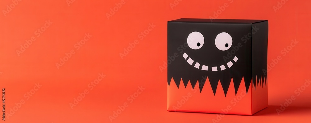 Obraz premium Halloween gift box with a spooky face on the wrapping paper copy space theme creepy, whimsical, Overlay, gift corner