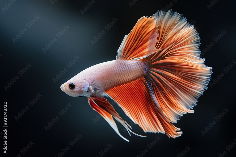 Fototapeta premium A vibrant orange and white Siamese Fighting Fish with long flowing fins swims against a dark background.
