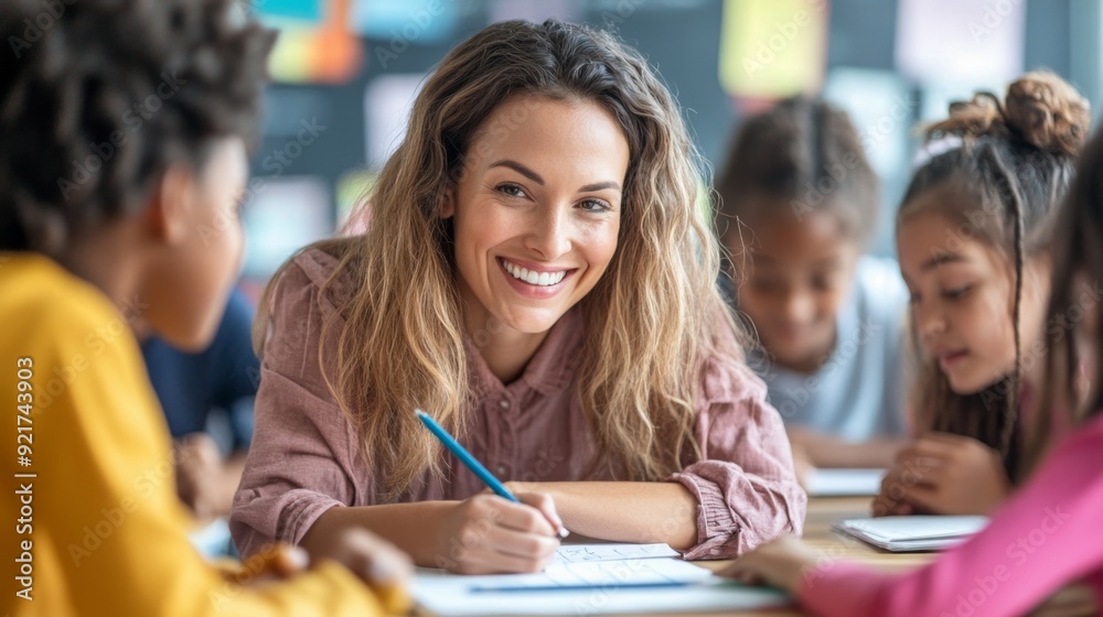 Smiling Teacher Helping Students in Classroom. Smiling Teacher Helping Students in Classroom.
