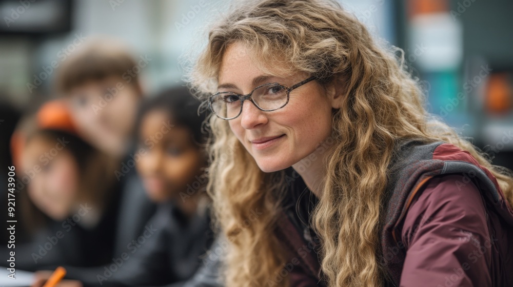 Young woman with long curly blonde hair wearing glasses and smiling.