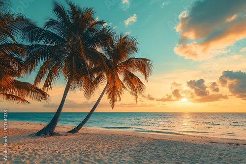 Two palm trees stand tall on a pristine sandy beach with calm turquoise waters and a vibrant sunset sky.