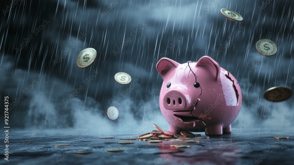 Piggy bank in the shape of a broken piggy bank, looking sad with dollar ...