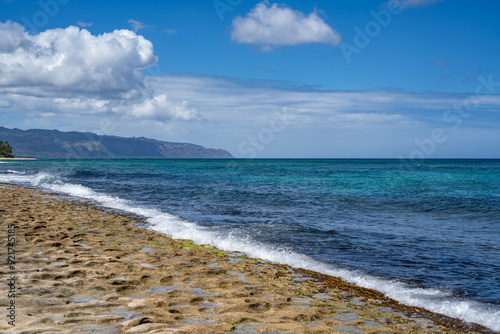 Laniakea Beach, North Shore, Oahu Hawaii. Beachrock is a friable to well-cemented sedimentary rock photo