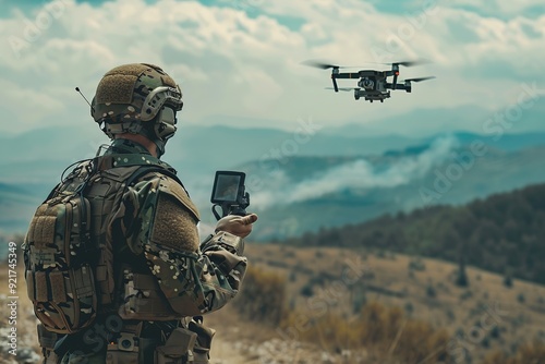 Soldier operating a military drone in a forest during a mission