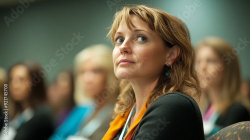 Attentive Woman Listening to Presentation in Conference.