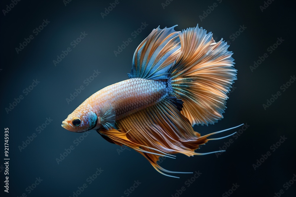 Fototapeta premium A vibrant, orange and blue betta fish with long, flowing fins swims against a dark blue background.