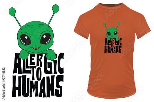 Cute little alien in a pocket with a funny quote allergic to humans. Vector illustration for tshirt, website, print, clip art, poster and print on demand merchandise.