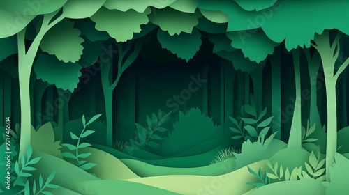 Nature concept with paper cut of green leaf and forest silhouette landscape abstract background.Paper art style vector illustration