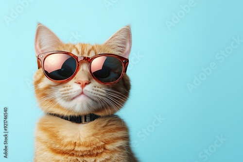 Closeup of a funny ginger cat wearing sunglasses isolated on light blue