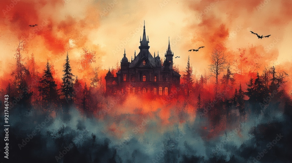 Naklejka premium Modern Watercolor Haunted House with Gentle Flowing Colors