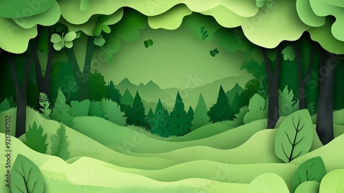 Nature concept with paper cut of green leaf and forest silhouette landscape abstract background.Paper art style vector illustration