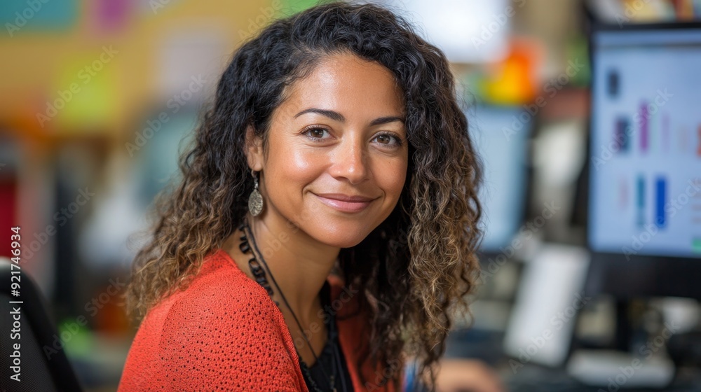 Confident Woman with Curly Hair Looking at Camera in Office. Confident Woman with Curly Hair Looking at Camera in Office.