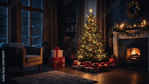 Interior christmas, magic neon glowing tree, fireplace, gifts in dark