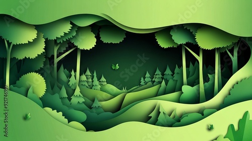 Nature concept with paper cut of green leaf and forest silhouette landscape abstract background.Paper art style vector illustration