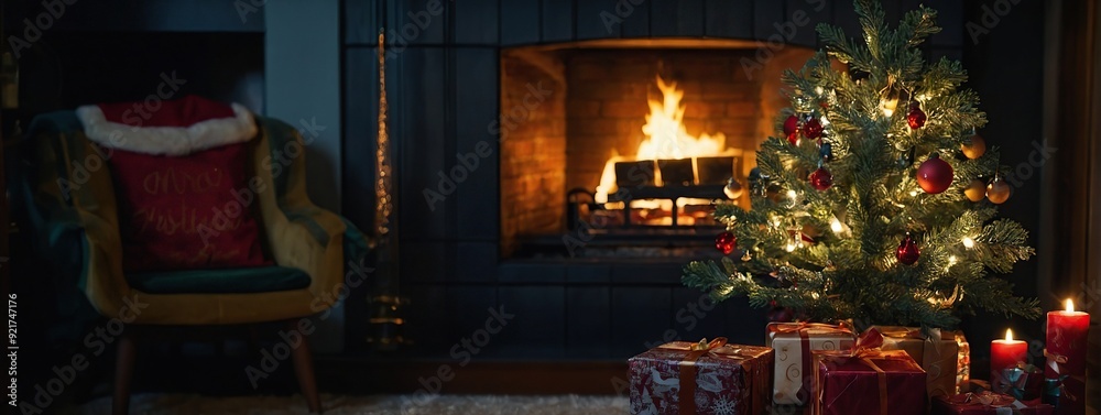 Naklejka premium Interior christmas. Christmas room, fireplace with fire and Christmas tree with decorations in dark
