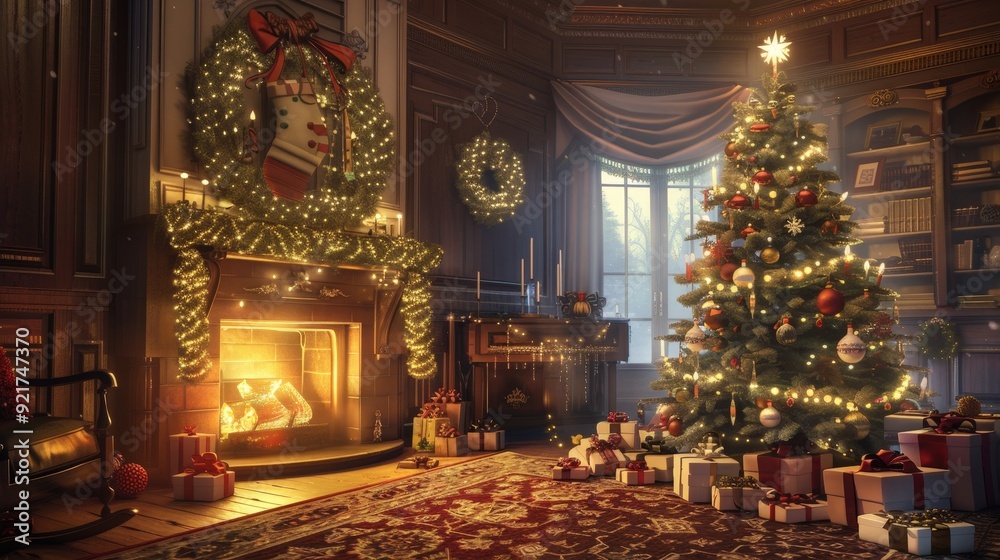 A festive holiday scene with a beautifully decorated Christmas tree, twinkling lights, and wrapped gifts. A festive holiday scene with a beautifully decorated Christmas tree, twinkling lights, and wrapped gifts.