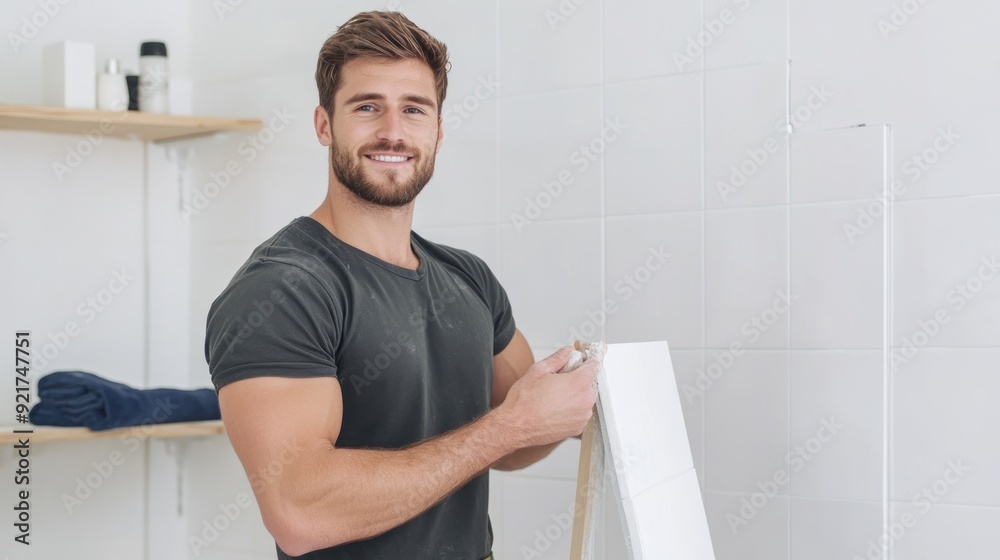 Man worker installing ceramic tiles. Man worker installing ceramic tiles.