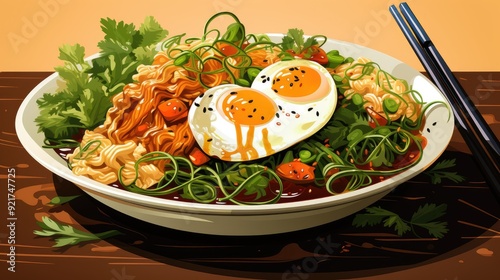 Bowl of ramen with egg, seaweed, and scallions