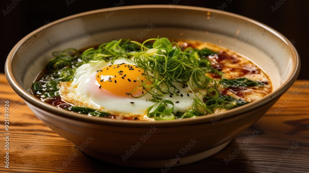 Bowl of ramen with egg, seaweed, and scallions Bowl of ramen with egg, seaweed, and scallions