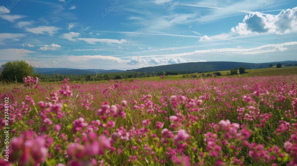 Pink Wildflowers in a Field with a Rolling Hill Landscape and Blue Sky Pink Wildflowers in a Field with a Rolling Hill Landscape and Blue Sky