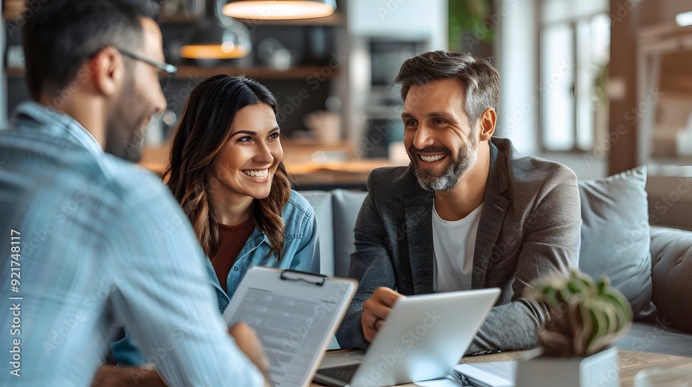 Friendly Insurance Agent Explaining Policies to Young Couple in Modern Office Friendly Insurance Agent Explaining Policies to Young Couple in Modern Office