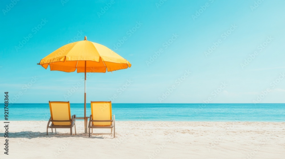 Serene Beach Scene with Colorful Umbrella and Lounge Chairs Facing Calm Sea Serene Beach Scene with Colorful Umbrella and Lounge Chairs Facing Calm Sea