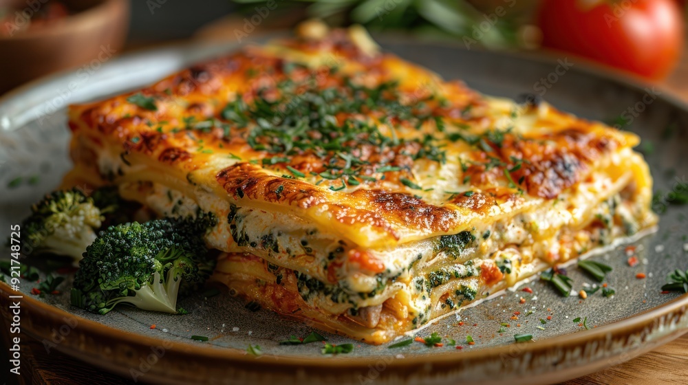 Close-up of a Savory Lasagna with Broccoli Garnish