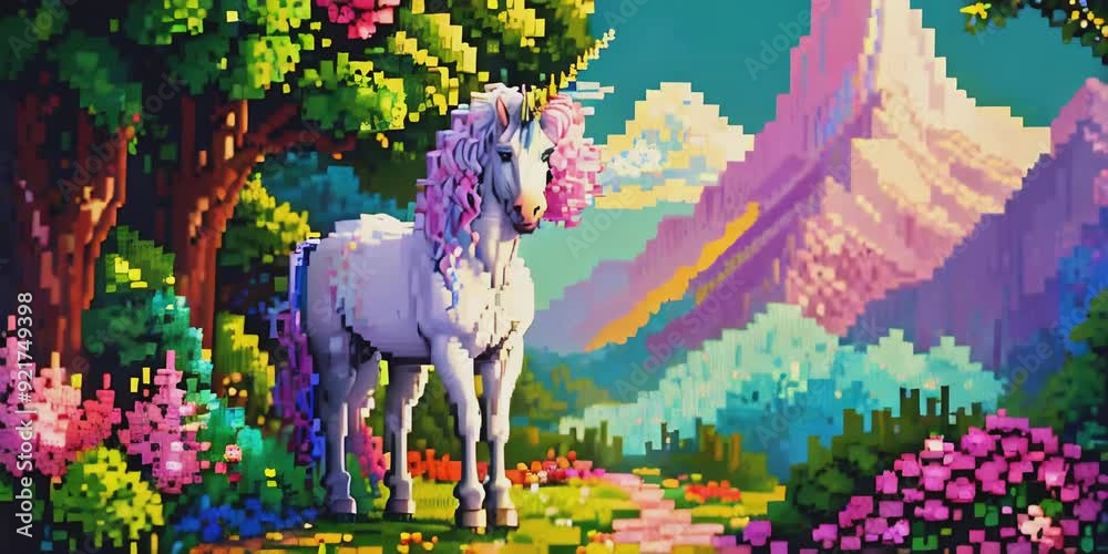 Animated pixel art unicorn in a magical forest