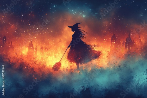 Minimalistic Halloween Watercolor Witch on Broomstick with Soft Night Sky