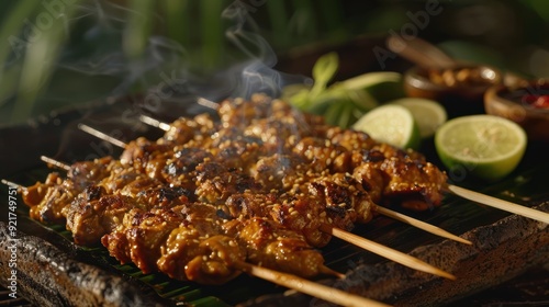 Steaming Grilled Chicken Skewers with Sesame Seeds and Lime Wedges