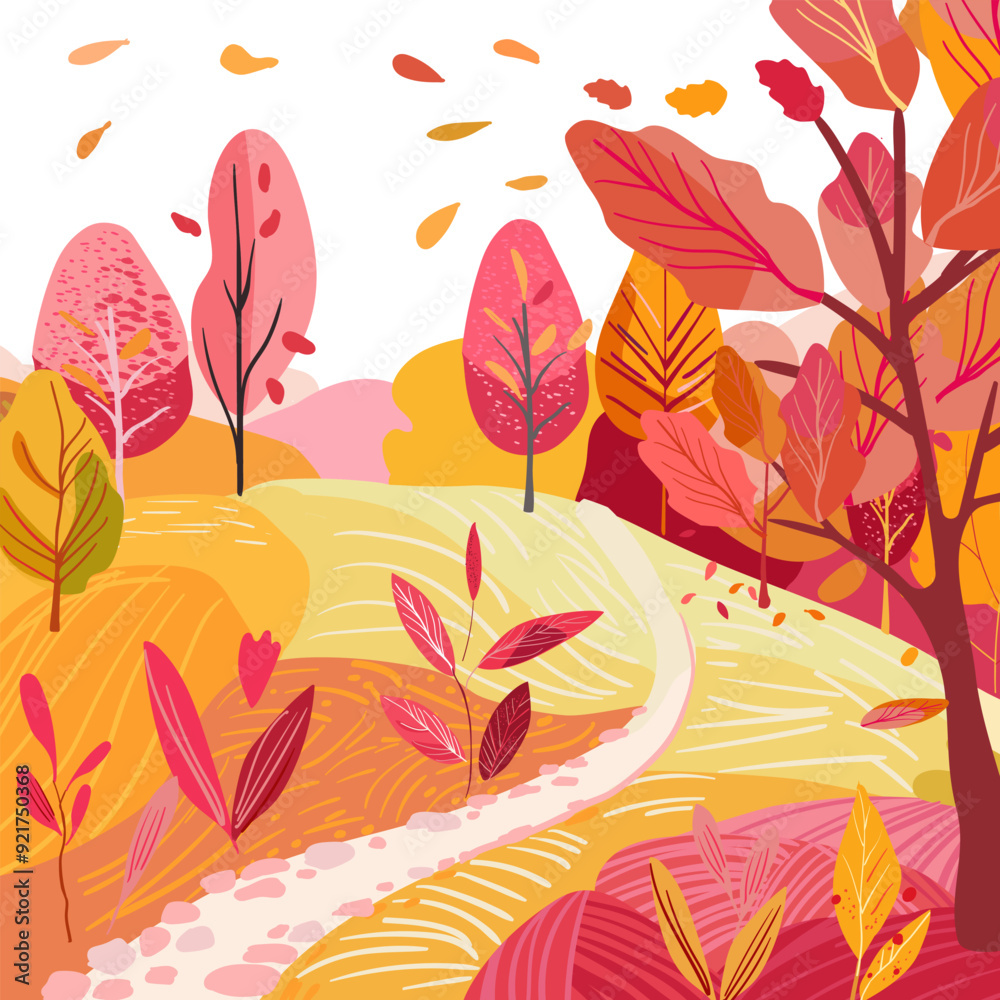 Obraz premium Autumn poster with a cute landscape. Hill with a clearing near the forest. Hand drawn vector illustration. Red trees and plants near the road. Printing on clothes, stationery and tableware. Textured