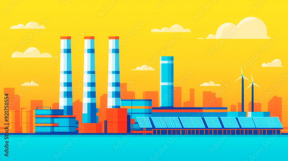 Fototapeta premium Vibrant illustration of a modern industrial facility with smokestacks and renewable energy sources against a colorful skyline.