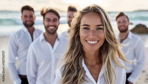 Beautiful smiling young woman and business team on the beach on holiday