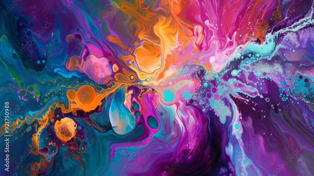 Fototapeta premium A vibrant abstract painting with swirling colors of purple, orange, and blue, evoking a sense of energy and movement. 