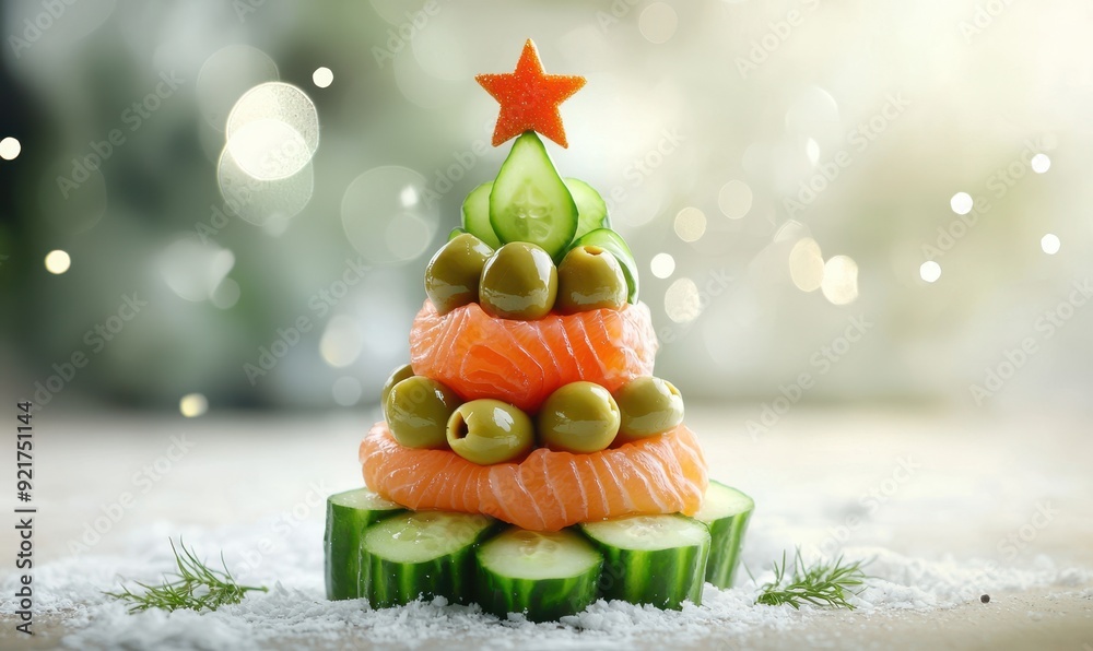 food photography of a Christmas tree made out of olives, salmon and cucumber food photography of a Christmas tree made out of olives, salmon and cucumber