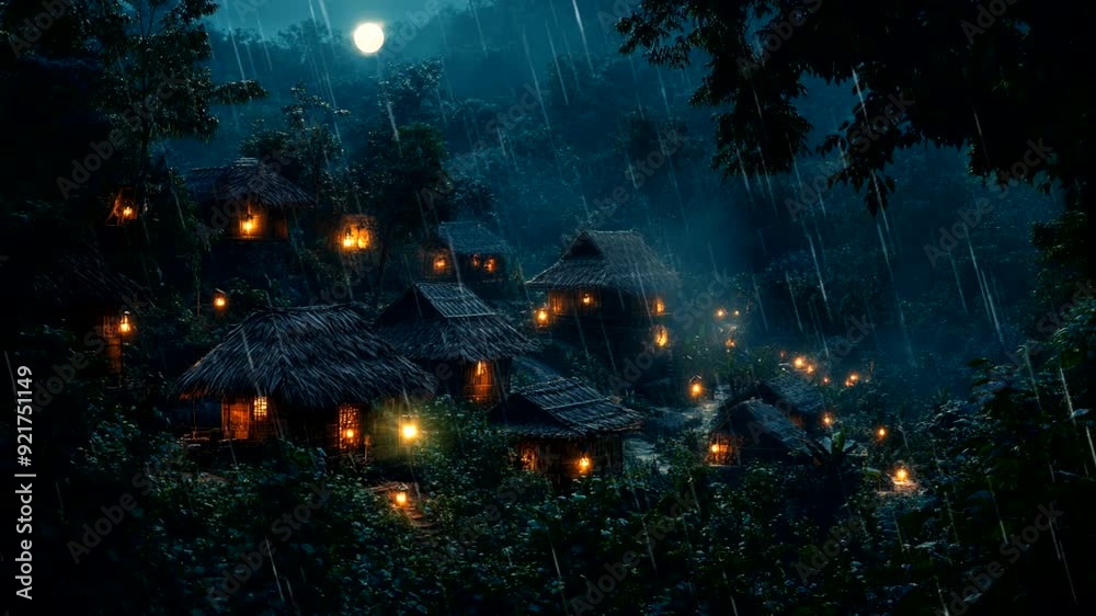 A quiet village nestled in the forest, lit by warm lanterns on rainy nights. This serene scene captures the peacefulness of rural life, Seamless looping 4k time-lapse animation video background A quiet village nestled in the forest, lit by warm lanterns on rainy nights. This serene scene captures the peacefulness of rural life, Seamless looping 4k time-lapse animation video background