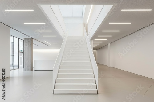 Modern Minimalist Staircase with Mezzanine Level for Artwork and Company Values