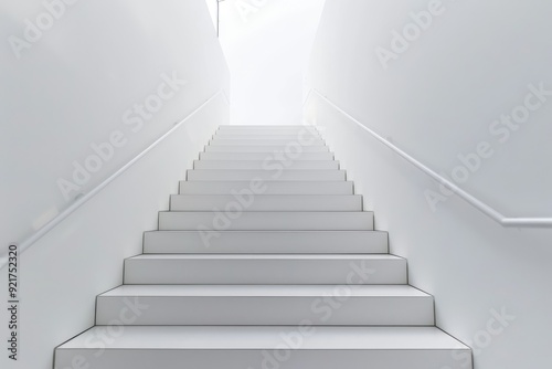 Modern Minimalist White Staircase Leading to Mezzanine with Blank Wall for Artwork Display or Company Values Contemporary Design Interior Concept