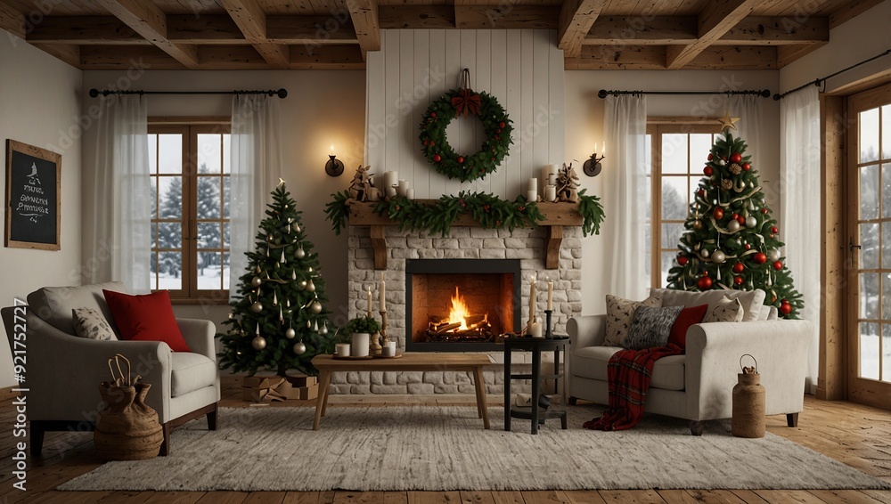 Interior mockup. Christmas farmhouse interior