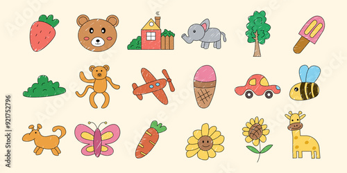 Cute set of childrens drawings in pencil crayon. vector illustration