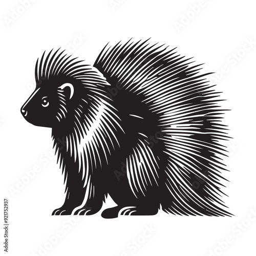 Porcupine silhouette, Porcupine Rodent Clipart, A porcupine Hunched Back illustration in black and white