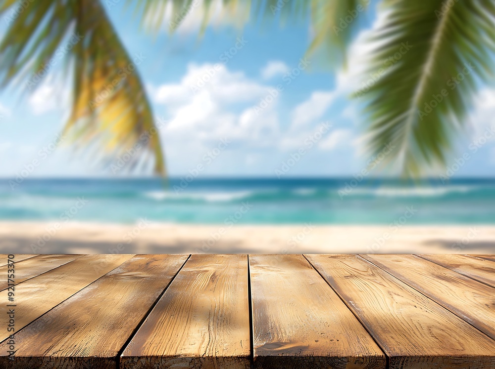 Fototapeta premium Wooden table top with blurred beach background.