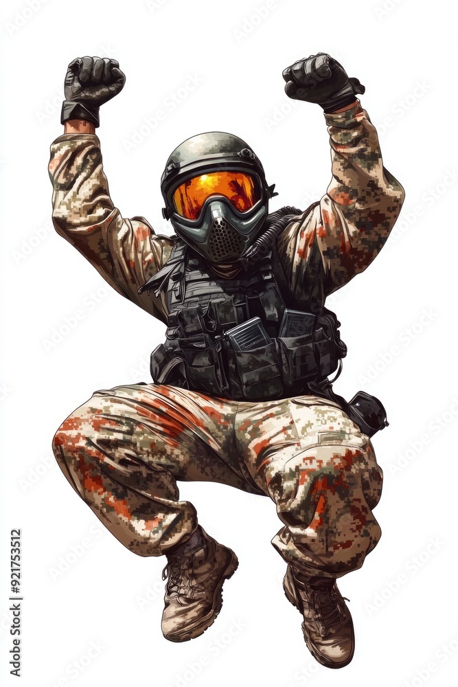 Man in camouflage suit jumping Man in camouflage suit jumping