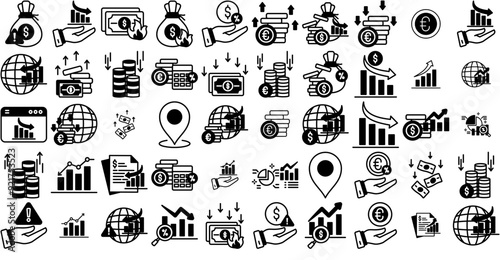 Set Of Linear Economy Inflation Icons Silhouette Vector Logo Design Containing Crisis,Decrease,Money,Recession,Economic-Crisis Simple Black Style Symbol Sign For Apps And Website, Vector Illustration